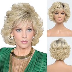 Short Blonde Curly Wigs for Old Lady Layered Curly Wig with Bangs Wavy Blonde Wig with Dark Roots Natural Synthetic Hair for Daily Party Cosplay Custume