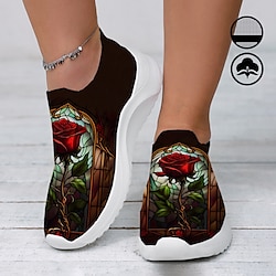 Women's Sneakers Slip-Ons Print Shoes Plus Size Flyknit Shoes Outdoor Valentine's Day Daily Rose Flat Heel Fashion Casual Tissage Volant Dark Red