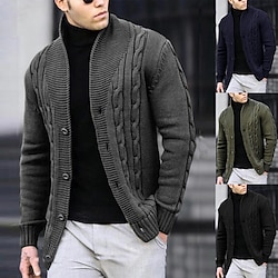 Men's Cardigan Sweater Cropped Sweater Cable Knit Regular Button Up Plain Lapel Vintage Warm Ups Casual Daily Wear Clothing Apparel Fall Winter Black White S M L