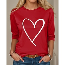 Women's T shirt Tee 100% Cotton Heart Valentine Weekend Black Pink Red Print Long Sleeve Fashion Round Neck Regular Fit Spring   Fall