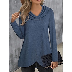 Women's Shirt Blouse Plain Casual Royal Blue Button Long Sleeve Fashion V Neck Regular Fit Spring   Fall