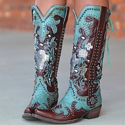 Women's Turquoise and Brown Faux Leather Western Cowboy Boots with Embellishments and Studded Detailing - Knee-High Boots for Rodeo and Festival Wear