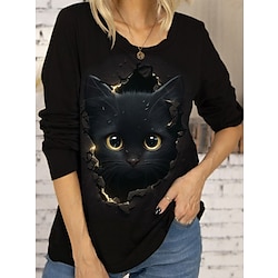 Women's T shirt Tee Cat 3D Daily Weekend Black Print Long Sleeve Fashion Funny Round Neck Regular Fit Spring   Fall