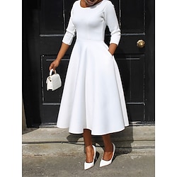 Women's White Dress Midi Dress Pocket Daily Date Elegant Streetwear Crew Neck 3/4 Length Sleeve Black White Pink Color