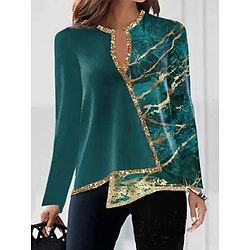 Women's Shirt Blouse Graphic Casual Blue Purple Green Print Asymmetric Hem Long Sleeve Fashion V Neck Regular Fit Fall  Winter