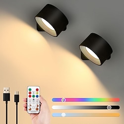 Image of Luci a LED a parete 2 pezzi con telecomando, lampada con sensore a forma di disco, batteria ricaricabile da 3000 mAh, luce senza fili magnetica dimmerabile tricolore con rotazione a 360° per comodino Lightinthebox