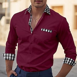 Men's Shirt Button Up Shirt Casual Shirt Black White Wine Blue Long Sleeve Plaid Color Block Lapel Daily Vacation Front Pocket Clothing Apparel Casual Comfortable Smart Casual