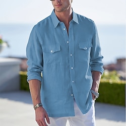 Men's Men Shirt Linen Shirt Cotton Linen Shirt Button Up Shirt Beach Shirt Blue Dark Blue Long Sleeve Plain Lapel Casual Daily Front Pocket Clothing Apparel Fashion Comfortable