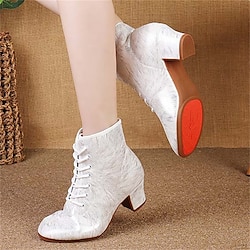 Women's Latin Shoes Modern Shoes Dance Boots Performance Wedding Party Evening Velvet Floral Bootie Fashion Party / Evening Stylish Pattern / Print Thick Heel Round Toe Lace-up Adults' White