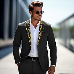 Floral Vintage Business Men's Coat Blazer Work Wear to work Going out Fall  Winter Turndown Long Sleeve Silver Blue Gold S M L Polyester Weaving Jacket