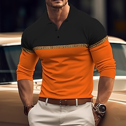 Men's Polo Shirt Button Up Polos Casual Sports Lapel Long Sleeve Fashion Basic Color Block Patchwork Button Spring   Fall Regular Fit Black Blue Orange Gray Polo Shirt