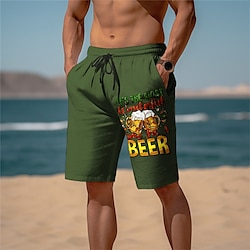 Oktoberfest Men's Linen Shorts Beer Shorts Beach Shorts Drawstring Elastic Waist Print Graphic Prints Beer Breathable Soft Short Casual Daily Holiday Streetwear Designer ArmyGreen Black