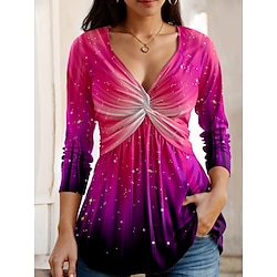 Women's T shirt Tee Color Gradient Daily Weekend Pink Blue Green Print Dressy Tunic Long Sleeve Fashion V Neck Regular Fit Spring   Fall