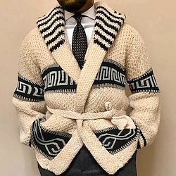 Men's Cardigan Sweater Knit Sweater Ribbed Knit Regular Cropped Knitted Geometric Shawl Collar Warm Ups Modern Contemporary Daily Wear Going out Clothing Apparel Winter Beige M L XL