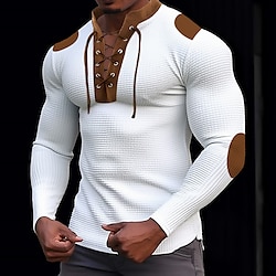 Men's T shirt Tee Waffle Knit Tee Tee Top Long Sleeve Shirt Color Block Standing Collar Street Vacation Long Sleeve Lace up Patchwork Clothing Apparel Fashion Designer Basic