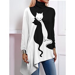Women's Shirt Blouse Color Block Cat Casual Black Red Blue Print Asymmetric Hem Long Sleeve Fashion High Neck Regular Fit Spring   Fall