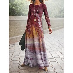 Women's Casual Dress Winter Dress Floral Print Crew Neck Long Dress Maxi Dress Streetwear Maxi Street Date Long Sleeve Regular Fit Yellow Blue Purple Fall Winter S M L XL XXL