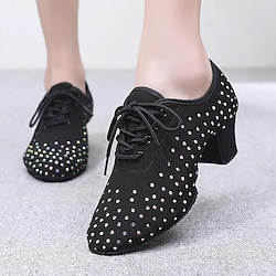 Women's Practice Trainning Dance Shoes Performance Training Heel Flower Cuban Heel Round Toe Lace-up Adults' Black