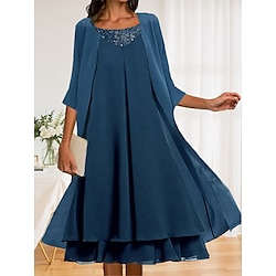 Dames Jurk Set Casual jurk Chiffon jurk Swingjurk Elegant Modieus Effen Meerlaags Halflange jurk 3/4 mouw Strakke ronde hals Buiten Vakantie Marineblauw Herfst Winter Normale pasvorm Lightinthebox