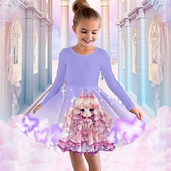 Girls' 3D Cartoon Butterfly Dress Long Sleeve 3D Print Fall Winter Sports  Outdoor Daily Holiday Cute Casual Beautiful Kids 3-12 Years Casual Dress A Line Dress Above Knee Polyester Regular Fit