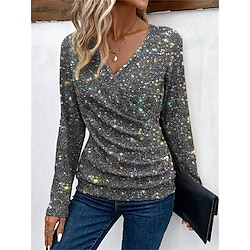 Women's Shirt Blouse Sparkly Casual Silver Blue Purple Button Long Sleeve Fashion V Neck Regular Fit Spring   Fall