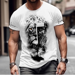 Lion Cross Faith Daily Outdoor Casual Men's 3D Print Party Casual Holiday T shirt White Short Sleeve Crew Neck Shirt Summer Clothing Apparel Normal S M L XL XXL XXXL