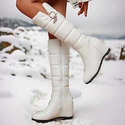 Women's Boots Snow Boots Waterproof Boots Plus Size Outdoor Daily Fleece Lined Knee High Boots Platform Wedge Heel Hidden Heel Round Toe Elegant Vintage Fashion Faux Leather Zipper Black White