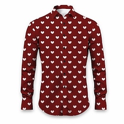 Valentine's Day Heart Casual Men's Shirt Daily Wear Going out Fall  Winter Turndown Long Sleeve Black, Burgundy, Blue S, M, L 4-Way Stretch Fabric Shirt