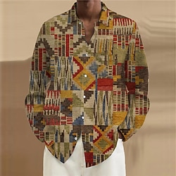 Men's Geometric Pattern Ethnic Shirt Button Up Shirt Long Sleeve Vintage Tribal Daily Wear Going out Fall Winter Turndown Print Button-Down Blue Brown