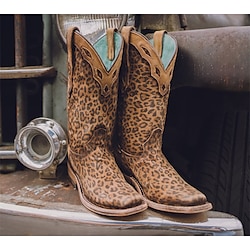 Women's Leopard Print Cowboy Boots - Western Style Knee-High Leather Boots with Turquoise Lining