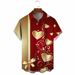 Valentine's Day Heart Casual Men's Shirt Daily Wear Going out Weekend Autumn / Fall Turndown Short Sleeves Black, Burgundy, Gold S, M, L 4-Way Stretch Fabric Shirt