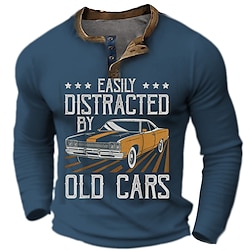 Graphic Letter Car Fashion Daily Casual Men's 3D Print Henley Shirt Casual Holiday Going out T shirt Army Green Dark Blue Long Sleeve Henley Shirt Spring   Fall Clothing Apparel S M L XL XXL 3XL 4XL