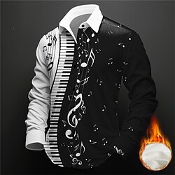 Pano Keys Musical Notes Casual Men's Shirt Fleece Shirt Daily Wear Vacation Going out Fall  Winter Turndown Long Sleeve Black, White, Green S, M, L Fleece Shirt