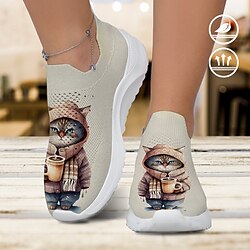 Women's Sneakers Slip-Ons Print Shoes Animal Print Plus Size Outdoor Daily Cat Flat Heel Fashion Casual Tissage Volant Pink Blue Purple