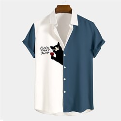 Letter Cat Casual Men's Shirt Daily Wear Going out Weekend Summer Turndown Short Sleeves Black, Burgundy, Dark Navy S, M, L 4-Way Stretch Fabric Shirt