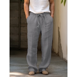 Men's Linen Pants Trousers Drawstring Straight Leg Plain Comfort Breathable Casual Daily Holiday Linen Cotton Blend Fashion Classic Style Yellow Brown