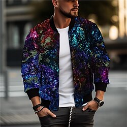 Optical Illusion Artistic Abstract Men's Bomber Jacket Coat Sports  Outdoor Daily Wear Going out Fall  Winter Standing Collar Long Sleeve Red Blue Purple S M L Polyester Denim Weaving Jacket