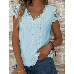 Shirt Blouse Women's Blue Solid Color Lace Beaded Street Daily Fashion V Neck S