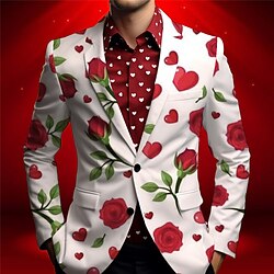 Valentine's Day Heart Rose Business Men's Coat Blazer  Work Wear to work Fall  Winter Turndown Long Sleeve Black White Wine S M L Polyester