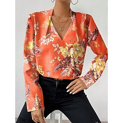 Light in the box Dames Overhemd Blouse Bloemig nappi Afdrukken Casual Feestdagen Modieus Lange mouw V-hals Geel Lente Herfst