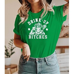 Women's T shirt Tee Cotton Shamrock Letter Party St.Patrick's Day Holiday Black White Green Print Short Sleeve Classic Funny Round Neck Irish Shirt St. Patrick's Day T-Shirt for Women St. Patrick's