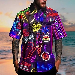 Graffiti Casual Men's Shirt Outdoor Street Casual Daily Fall Turndown Short Sleeve Purple Green S M L Shirt