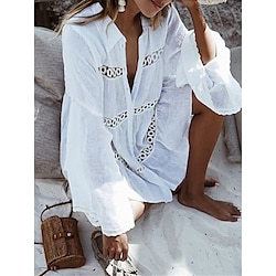 Women's White Dress Mini Dress Cotton Ruffle Button Vacation Beach Streetwear Shirt Collar Long Sleeve White Color