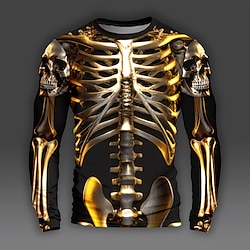 Graphic Skull Skeleton Skulls Daily Designer Artistic Men's 3D Print Party Casual Holiday T shirt Gold Long Sleeve Crew Neck Shirt Spring   Fall Clothing Apparel Normal S M L XL XXL XXXL