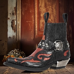 Light in the box Heren zwarte en rode python print western laarzen met schedel gesp - statement schoenen voor cowboy en rockabilly stijl