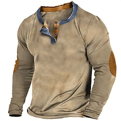 Men's Button T Shirt T Shirt Henley Shirt Tee Top Long Sleeve Henley Spring Fall Color Block Vintage Designer Basic Patchwork Vacation Street Going out Black khaki Top Tee for Men