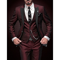 Burgundy Gray Men's Wedding Party Suits Solid Colored 3 Piece Daily Business Plus Size Single Breasted Two-buttons 2024