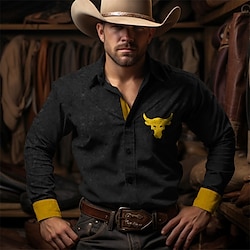 Cow Vintage western style Men's Shirt Western Shirt Outdoor Street Casual Daily Fall  Winter Turndown Long Sleeve Black khaki S M L Shirt
