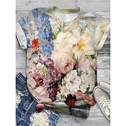 Women's T shirt Tee Floral Holiday Weekend Yellow Pink Blue Print Short Sleeve Fashion Round Neck Regular Fit Spring  Summer