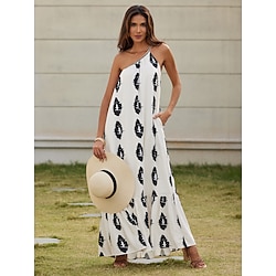 Women's Satin Dress Loose Maxi Dress White Geometic Geometrical Print Geometrical Summer Vacation Dress Vacation S M L